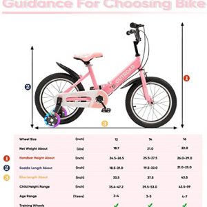 Max4out Kids Bike Boys Girls Freestyle Bicycle, 12/14/16 inch Wheels for Children Foldable Bicycle with Flash Training Wheels and Adjustable Seat, Pink/Blue, 16inch-pink