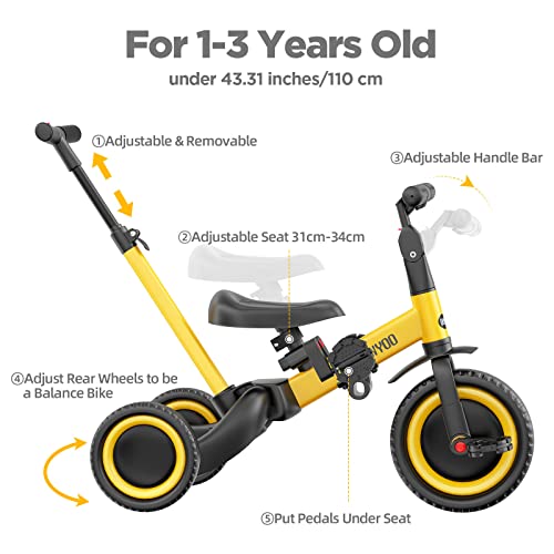 newyoo 5 in 1 Toddler Tricycle with Parent Steering Push Handle for 1,2,3 Years Old Boys and Girls, Kids Push Trike, Toddler Bike with Removable Pedals, Adjustable Seat and Handle, Yellow