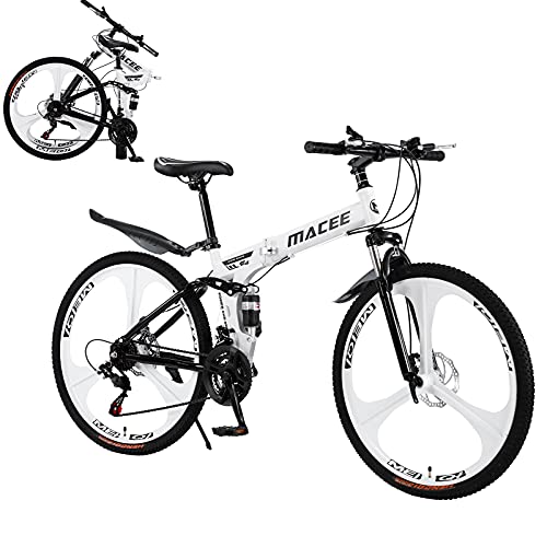 FWBNUIF Mountain Bike 26 in Folding Bikes with High Carbon Steel Frame, Featuring 3 Spoke Wheels and 21 Speed, Double Disc Brake Dual Suspension Anti-Slip MTB Bicycles (White - 26 in)