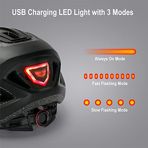 Adyohemt Adult Bike Helmet with LED Rear Light for Men Women, Youth Mountain Road Bicycle Helmet with Detachable Visor, Adjustable and Cool Cycling Helmet for Urban Commuter (Matt Black)