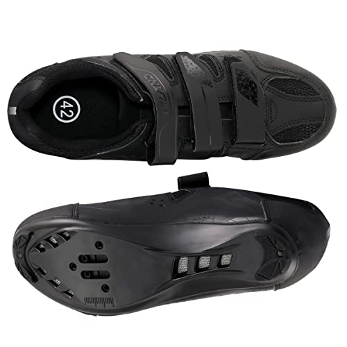 Hiland Unisex Wide Cycling Shoes Compatible with Peloton&Look Delta/Shimano SPD Cleats-3 Velcro Straps-Clip in Road/Mountain/Indoor Bike Shoes for Mens and Womens Black