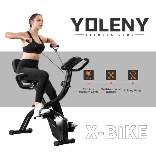 YOLENY Folding Exercise Bikes, 3-in-1 X-Bike with Arm Resistance Bands, Lightweight Foldable Stationary Bike with Comfortable Seat Cushion, 10 Level Adjustable Magnetic Resistance for Home Use