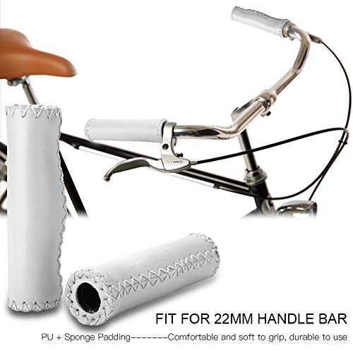 1 Pair PU Leather Bike Handlebar Grips, Vintage Anti-Slip Hand-Stitched Bike Beach Cruiser Handle Bar Grips with Plug for MTB BMX Road Mountain Bicycle, Fits Most 7/8" (22mm) Bike Handlebars (White)