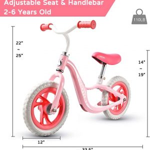 HAPTOO Balance Bike 12'' for 2-6 Years Old, Toddler Balance Bike with Adjustable Seat Height and Handle, Best Birthday Gift for Boys and Girls - Pink