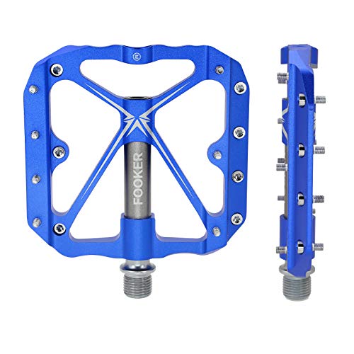 FOOKER Mountain Bike Pedals Non-Slip Bike Pedals Platform Bicycle Flat Alloy Pedals 9/16 Needle Roller Bearing (Blue IT Needle Roller Bearing)