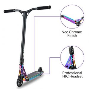 Xspec Rainbow Neo Chrome Pro Stunt Kick Scooter, Unique Oil Slick Anodized Design, BMX Handlebars w/Reinforced Aluminium Wheels and Fork