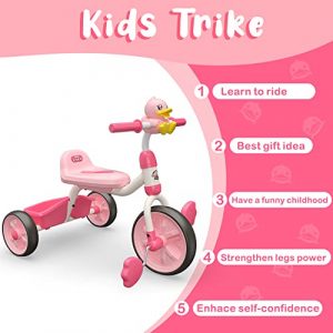 Toddler Tricycle Outdoor Trike for 1 - 3 Years Old with Storage Bin, Cute Riding Toys Gift for Girls Boys, Carbon Steel Frame and Silent Wheels (Pink)