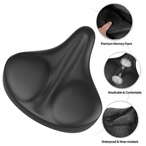 Xmifer Oversized Bike Seat - Comfortable Bicycle Saddle, Middle Groove Design, 2.95" Thick Memory Foam, Universal Fit Indoor Outdoor Peloton, Exercise or Road Bikes Black