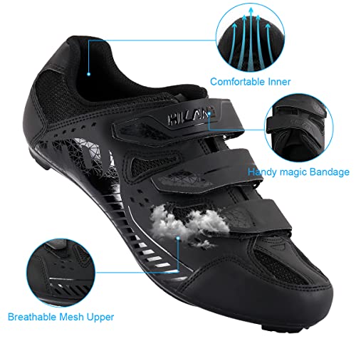 Hiland Unisex Wide Cycling Shoes Compatible with Peloton&Look Delta/Shimano SPD Cleats-3 Velcro Straps-Clip in Road/Mountain/Indoor Bike Shoes for Mens and Womens Black