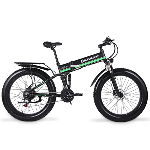KELKART Electric Mountain Bike 26-Inch Folding Fat Tire Electric Bike with 1000W Brushless Motor, with 48V 12.8AH Removable Lithium-ion Battery and Rear Seat (Green)