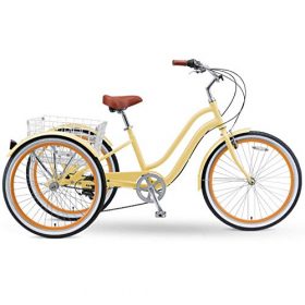 sixthreezero EVRYjourney 26 Inch 7-Speed Hybrid Adult Tricycle with Rear Basket, Cream, One Size (630334)