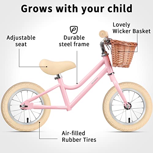 Petimini 12 inch Kids Balance Bike with Basket for 2 3 4 5 6 Years Old Toddler Children, Carbon Steel No Pedal Training Bicycle for Girls and Boys, Pink
