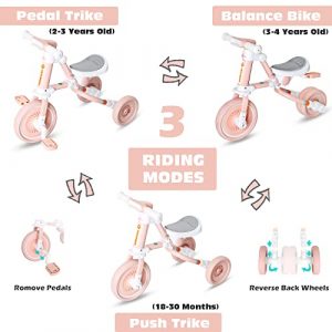 3 in 1 Kids Tricycle for Age 18 Months to 4 Years Old Kids, Toddler Baby Balance Bike - Folding Trike for Boys and Girls - Adjustable Seat - Convertible Rear Wheels - Removable Pedals(Pink)