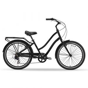 sixthreezero EVRYjourney Men's 7-Speed Step-Through Hybrid Cruiser Bicycle, Matte Black w/Black Seat/Grips, 26