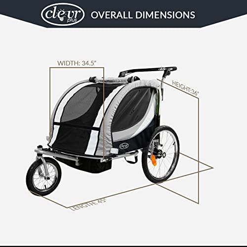 ClevrPlus Deluxe 3-in-1 Double 2 Seat Bicycle Bike Trailer Jogger Stroller for Kids Children | Foldable w/Pivot Front Wheel, Grey