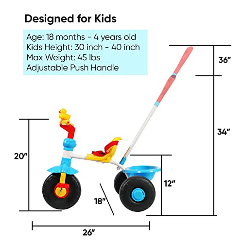 KRIDDO 2 in 1 Kids Tricycles Age 18 Month to 4 Years, Gift Toddler Tricycle, Trikes for Toddlers with Push Handle and Duck Bell, Classic