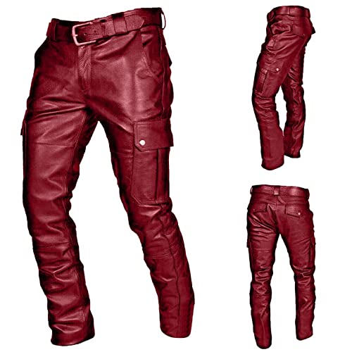 WOSHUAI Mens Faux Leather Jogger Pants,Casual Belt Multi-Pockets Gothic Jogging Streetwear Hipster Hiphop Motorcycle Trousers Red X-Large