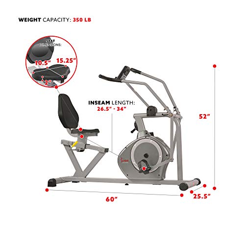 Sunny Health & Fitness Magnetic Recumbent Exercise Bike, 350lb High Weight Capacity, Cross Training, Arm Exercisers, Monitor, Pulse Rate Monitoring | SF-RB4708