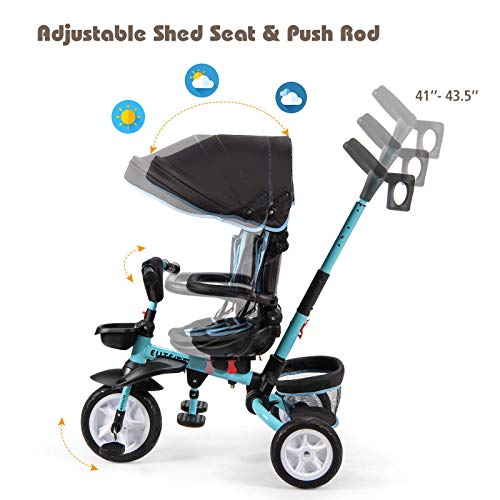 BABY JOY Baby Tricycle, 7-in-1 Kids Folding Steer Stroller w/ Rotatable Seat, Adjustable Push Handle & Canopy, Safety Harness, Cup Holder, Storage Bag, Toddler Trike for 1-5 Year Old, Black+Blue