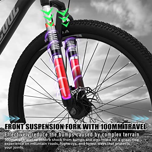 Mountain Bike, 26 Inch Wheels, Shimano 21 Speed Bicycle with Suspension Fork, Adult Mens Women Womens Bike, City MTB Cycling with Double Disc Brake for Boys Girls Youth Teenagers, Multiple Colors