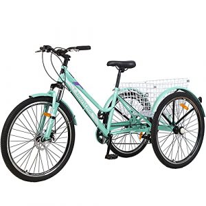 MOPHOTO Mountain Tricycle for Adults, 3 Wheeled 7-Speed Mountain Tricycle 24 inch 26 inch Men's Women's Tricycles Cruiser Bike Featuring Disc Brakes, Cargo Basket