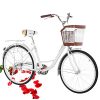 Beach Cruiser Bike for Women 26 Inch Classic Retro Bicycle Road Bikes Single Speed Comfortable Bicycle Commuter Bicycle High-Carbon Steel Frame, Front Basket, Rear Racks (White)