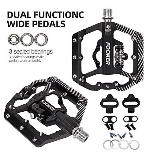FOOKER MTB Mountain Bike Pedals 3 Bearing Flat Platform Compatible with SPD Dual Function Sealed Clipless Aluminum 9/16" Pedals with Cleats for Road