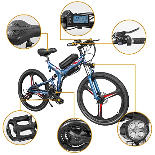 26 Inch Electric Folding Mountain Bike,350W Professional 21 Speed Gears 3 Cycling Mode Folding Electric Ebike with Removable 36V 10AH Lithium Battery Commuter Bikes (Sky Blue)