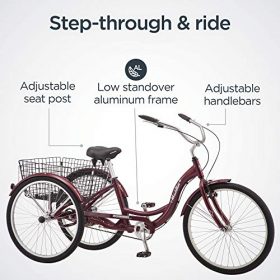 Schwinn Meridian Adult Tricycle with 26-Inch Wheels in Maroon, with Low Step-Through Aluminum Frame, Front and Rear Fenders, Adjustable Handlebars, Large Cruiser Seat, and Rear Folding Basket