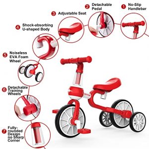 XIAPIA 3 in 1 Kids Tricycles Gift for 2-4 Years Old Boys Girls with Detachable Pedal and Training Wheels，Baby Balance Bike Trikes Riding Toys for Toddler（Adjustable Seat） (Red)