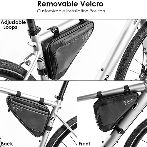 WOTOW Bike Frame Storage Bag, Water Resistant Reflective Bicycle Triangle Bag with Two Side Pockets, Strap-On Under Seat Tool Accessories Pouch for Mountain Road Bike Trip (1.5L)
