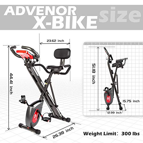 ADVENOR Exercise Bike Magnetic Bike Fitness Bike Cycle Folding Stationary Bike Arm Resistance Band With Arm Workout Backrest Extra-Large Seat Cushion Indoor Home Use (black&red)