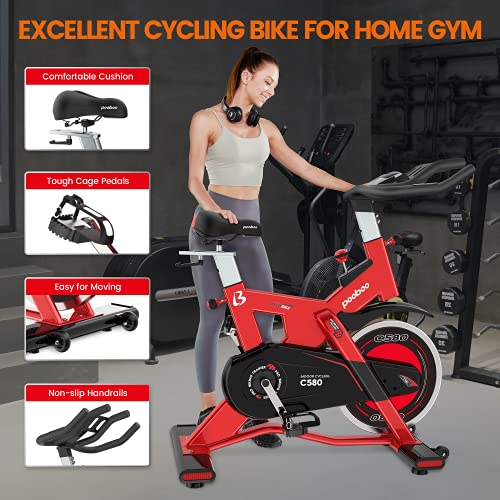 pooboo Exercise Bike Indoor Cycling Bike Commercial Standard with 40lbs Flywheel for Home Stationary Bike, Belt Drive Smooth Quiet Workout Bike with iPad Holder&LCD Monitor, Fully Adjustable Seat Cushion (Crimson)
