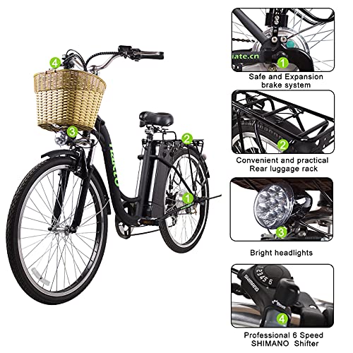 NAKTO 26'' Electric Bike for Adult, Cargo Electric Bicycle Camel Style, 250W/350W Brushless Motor and 10.5Ah Removable Lithium Battery| Commuting Essentials (Free Basket and Lock) (Black, 250W)