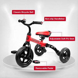3 in 1 Toddler Tricycles for 2 - 4 Years Old Boys and Girls with Detachable Pedal and Bell | Foldable Baby Balance Bike Riding Toys for 24 Month Up Kids | Infant First Birthday New Year Red