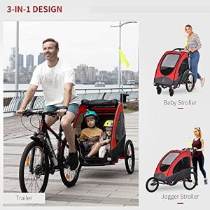 Aosom Child Bike Trailer 3 In1 Foldable Jogger Stroller Baby Stroller Transport Carrier with Shock Absorber System Rubber Tires Adjustable Handlebar Kid Bicycle Trailer Red and Grey