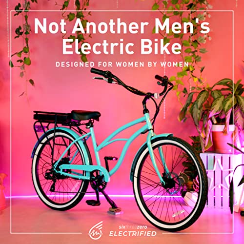 sixthreezero Around The Block Women's Electric Bicycle, 7-Speed Beach Cruiser eBike, 250 Watt Motor, 26" Wheels, Mint Green with Black Seat and Grips