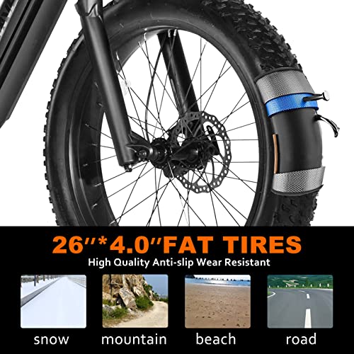 VELOWAVE 26" 750W Fat Tire Electric Bike 28MPH 48V/15Ah Concealed Ebikes Battery Electric Mountain Bike for Adults with Hydraulic Suspension Fork Electric Bicycles (Black)