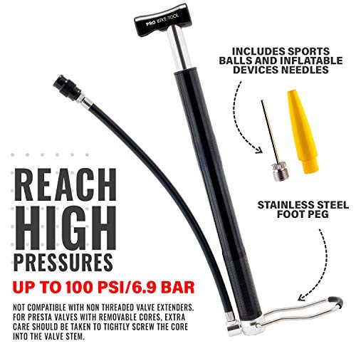 Pro Bike Tool Mini Bike Pump with Stabilizing Foot Peg, Secure Presta and Schrader Valve Connection, Black without Gauge
