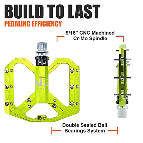 Mountain Bike Pedals 9/16" Aluminum Bicycle Platform Pedals 3 Bearing 18 Pins Non-Slip Wide Pedal for MTB BMX Road Bike, Green