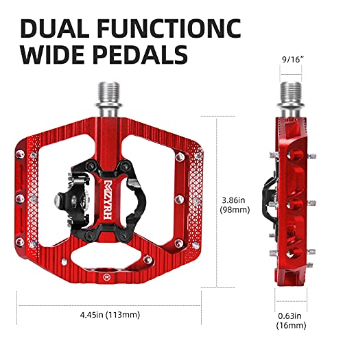 MZYRH MTB Mountain Bike Pedals 3 Bearing Flat Platform Compatible with SPD Dual Function Sealed Clipless Aluminum 9/16" Pedals with Cleats for Road (red 3 Bearings)