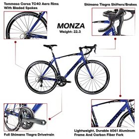 Tommaso Monza Endurance Aluminum Road Bike, Carbon Fork, Shimano Tiagra, 20 Speeds, Aero Wheels - Blue - Medium