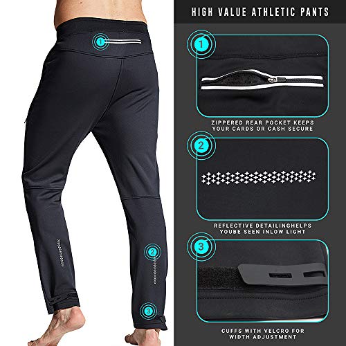 Souke Sports Men's Winter Cycling Pants, Windproof Fleece Thermal Bike Pants, Breathable Athletic Sweatpants for Running Black