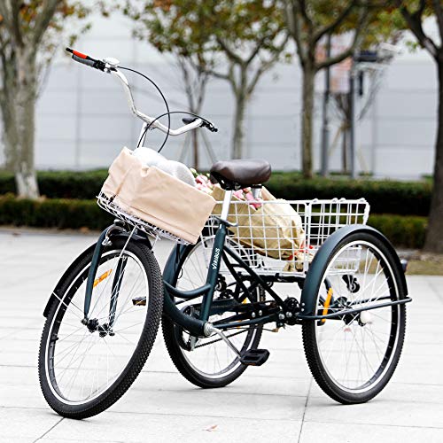 Viribus 26" Adult Tricycle with Removable Wheeled Basket and Front Basket and Dustproof Bag, Single Speed Cargo Cruiser Trike Bike, Three Wheel Bike for Shopping, Mens or Womens Tricycle