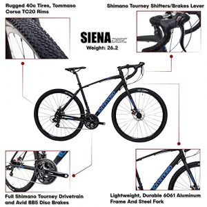 Tommaso Siena - Shimano Tourney Gravel Adventure Bike with Disc Brakes, Extra Wide Tires, Perfect for Road Or Dirt Touring, Matte Black - Small