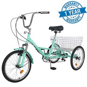 Slsy Adult Folding Tricycles, 7 Speed Folding Adult Trikes, 20 Inch 3 Wheel Bikes with Low Step-Through, Foldable Tricycle with Basket for Adults, Women, Men, Seniors. (Soft Green, 24