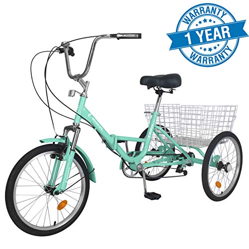 Slsy Adult Folding Tricycles, 7 Speed Folding Adult Trikes, 20 Inch 3 Wheel Bikes with Low Step-Through, Foldable Tricycle with Basket for Adults, Women, Men, Seniors. (Soft Green, 24" Tire 7-Speed)