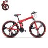Wishcat 26 Inch Mountain Bikes for Men, Adults Full Suspension Three-Knife Wheel Folding Bike City Commuter Bicycle with 21 Speeds Dual Disc Brakes Non-Slip (Red)