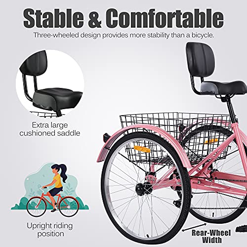 Hangnuo Adult Tricycles 7 Speed Adult Trike 3 Wheel Bikes Beach Cruiser Bicycle, 20 Inch 24 Inch or 26 Inch Wheel Options, Oversized Comfort Bike Seat, Cargo Basket