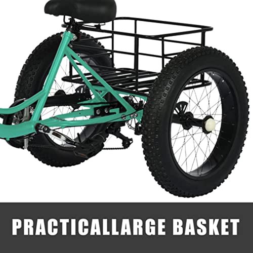 Pubota Fat Tire 3 Wheels Beach Cruiser Bike - Tricycle 20-inch Wheels and 7-Speed Rear Cargo Basket for Men Women Adult (Mint Green) 67x41.5x33.5inch